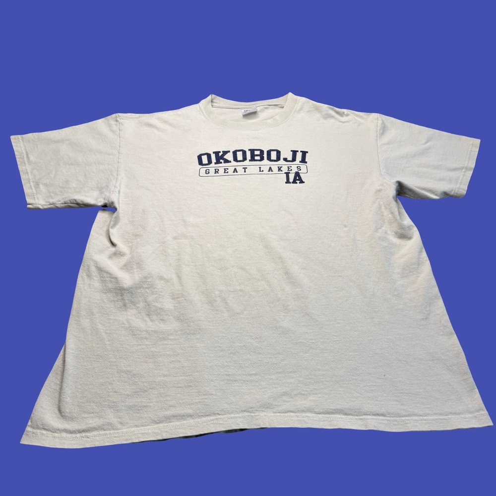Okoboji Great Lakes Iowa T Shirt XL Anvil Beige Tourist Souvenir Lake Graphic